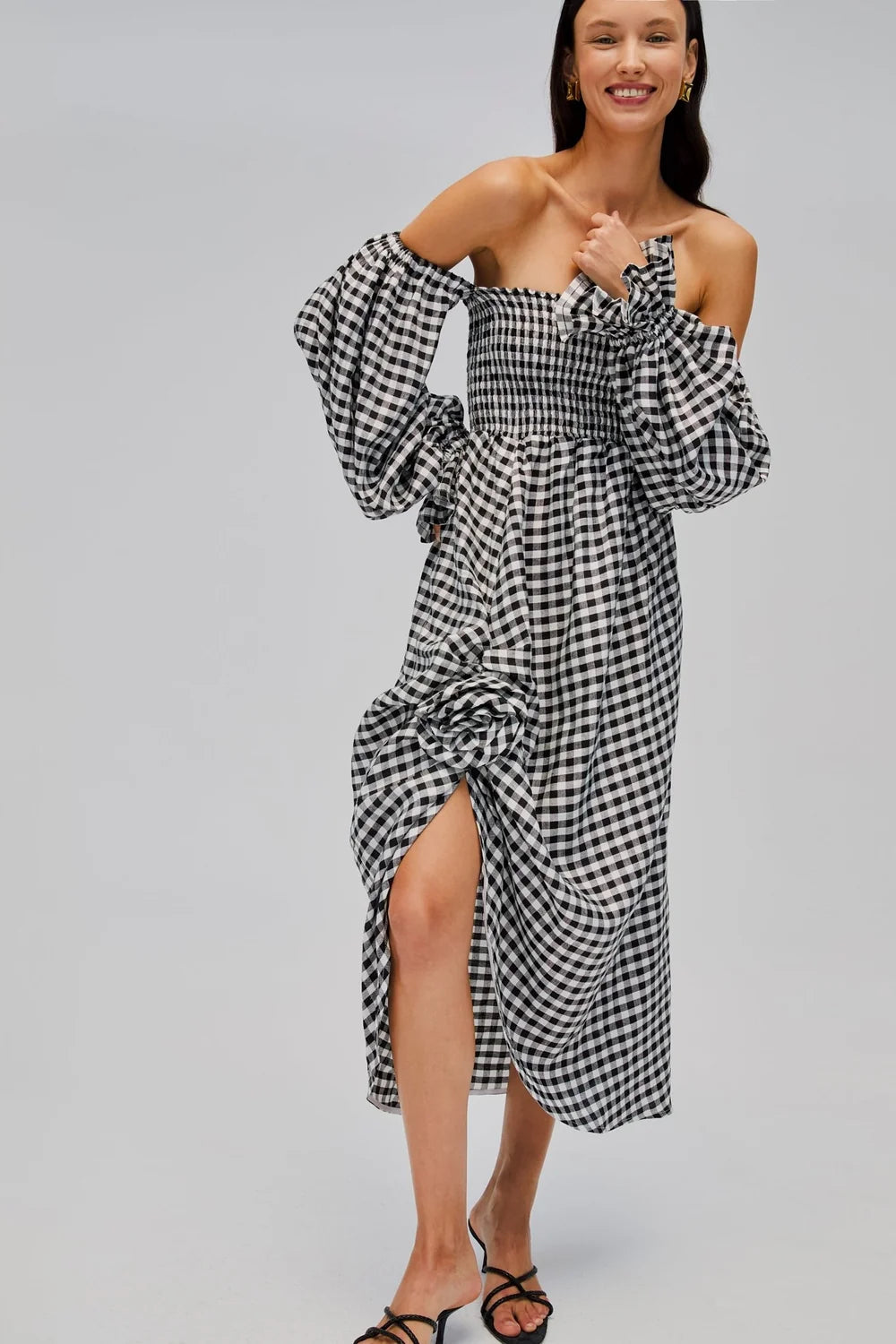 Black Vichy Atlanta Linen Dress with Rose Detail