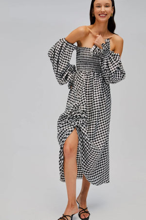 Black Vichy Atlanta Linen Dress with Rose Detail