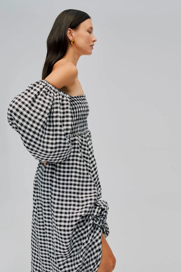 Black Vichy Atlanta Linen Dress with Rose Detail