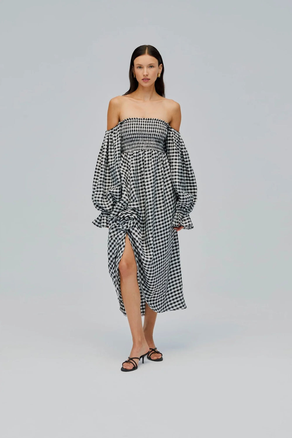 Black Vichy Atlanta Linen Dress with Rose Detail