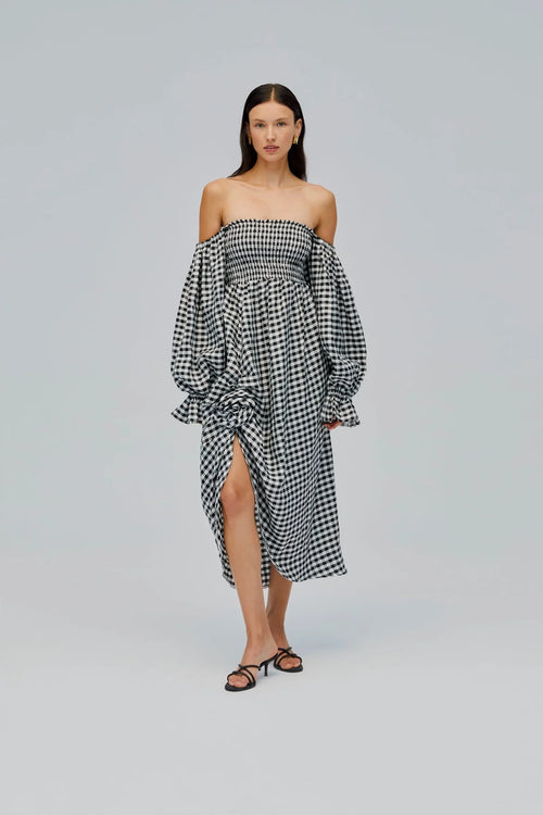 Black Vichy Atlanta Linen Dress with Rose Detail