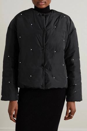Black Puffer Jacket with Pearl Details