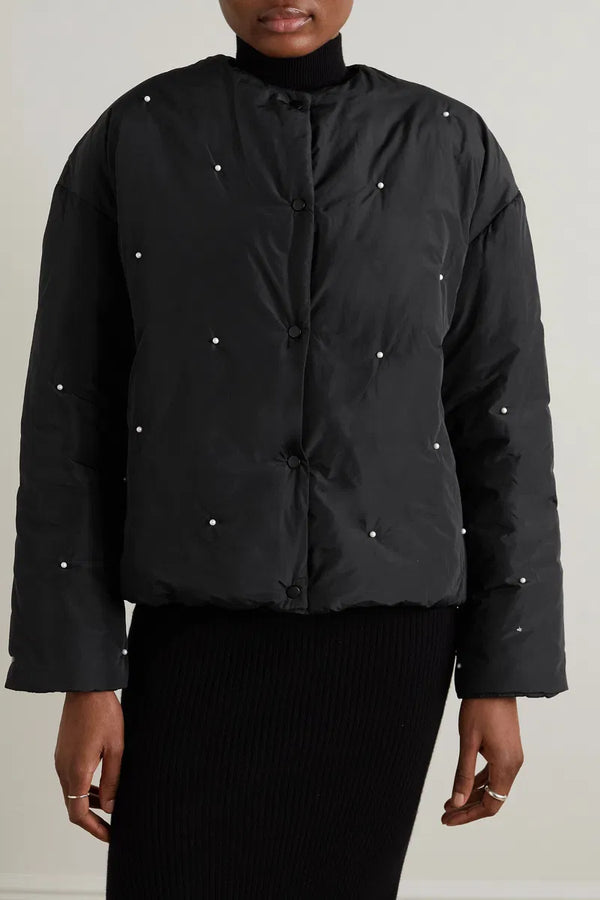 Black Puffer Jacket with Pearl Details