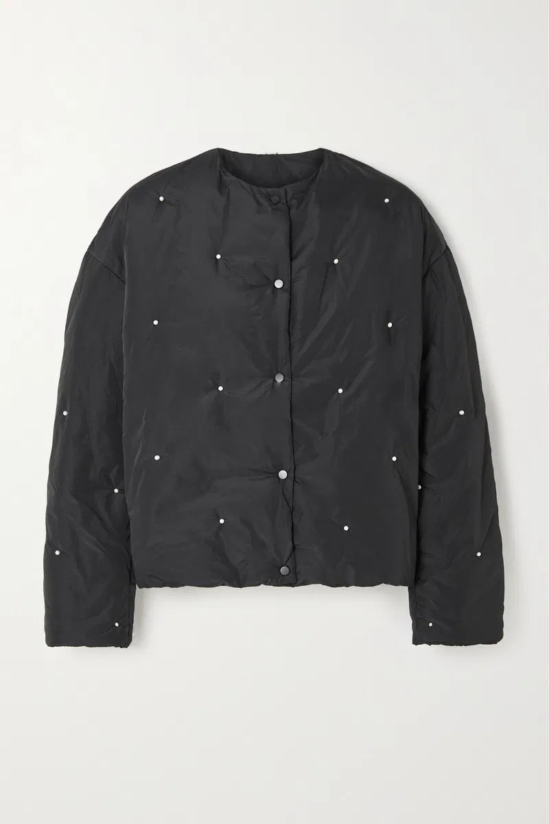 Black Puffer Jacket with Pearl Details