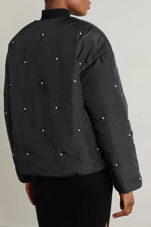 Black Puffer Jacket with Pearl Details