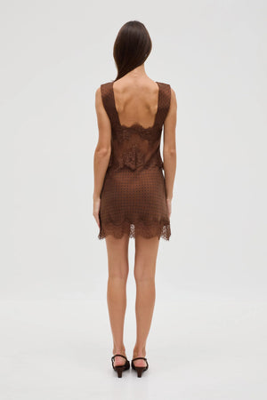 Chocolate Polka Dot Visions Lace Mini Dress