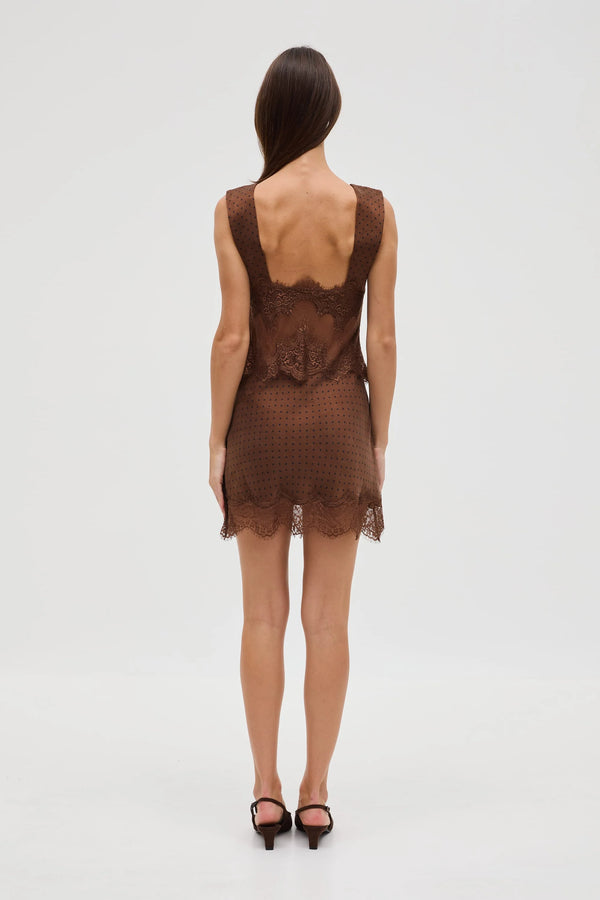 Chocolate Polka Dot Visions Lace Mini Dress