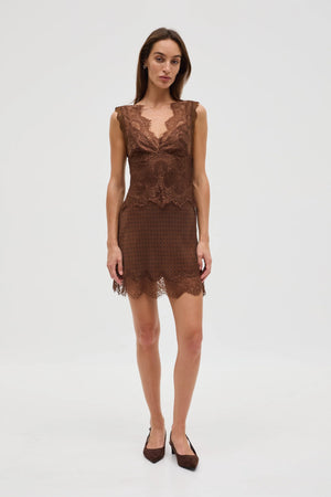Chocolate Polka Dot Visions Lace Mini Dress
