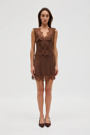 Chocolate Polka Dot Visions Lace Mini Dress