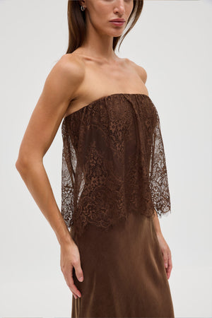 Chocolate Visions Lace Strapless Maxi Dress