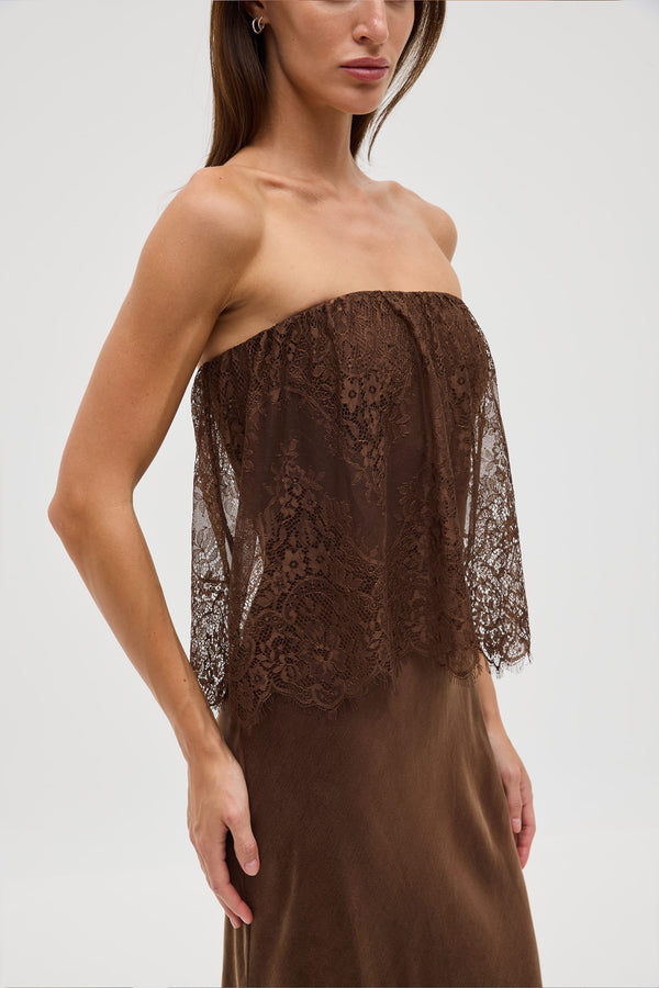 Chocolate Visions Lace Strapless Maxi Dress