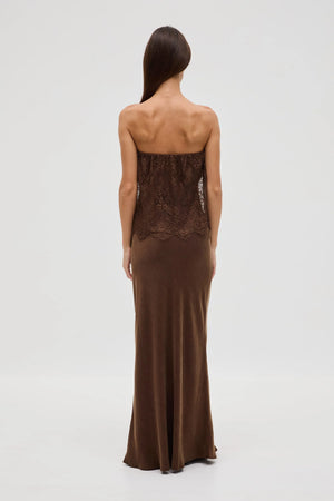 Chocolate Visions Lace Strapless Maxi Dress
