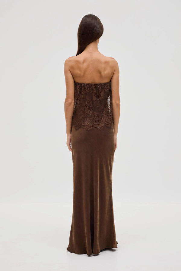 Chocolate Visions Lace Strapless Maxi Dress