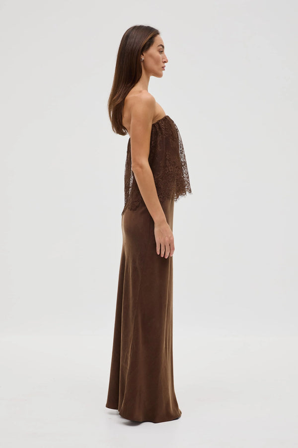 Chocolate Visions Lace Strapless Maxi Dress