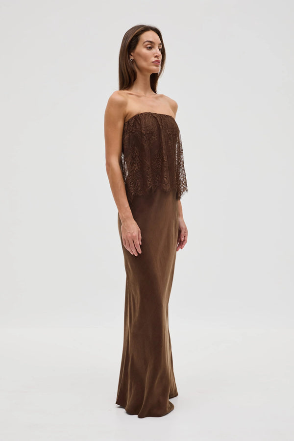 Chocolate Visions Lace Strapless Maxi Dress